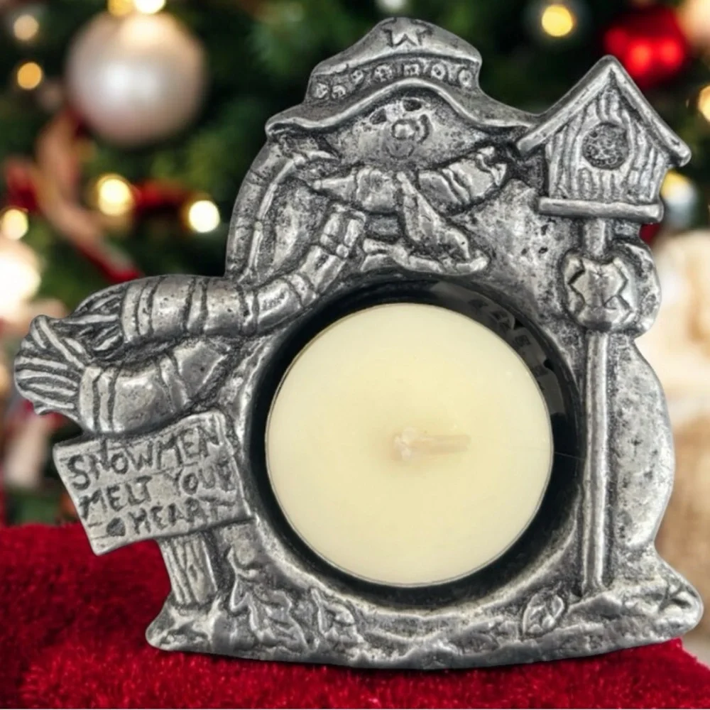 Vintage Pewter Candle Holder Snowman Christmas Winter Tea Light 90s Retro Carson